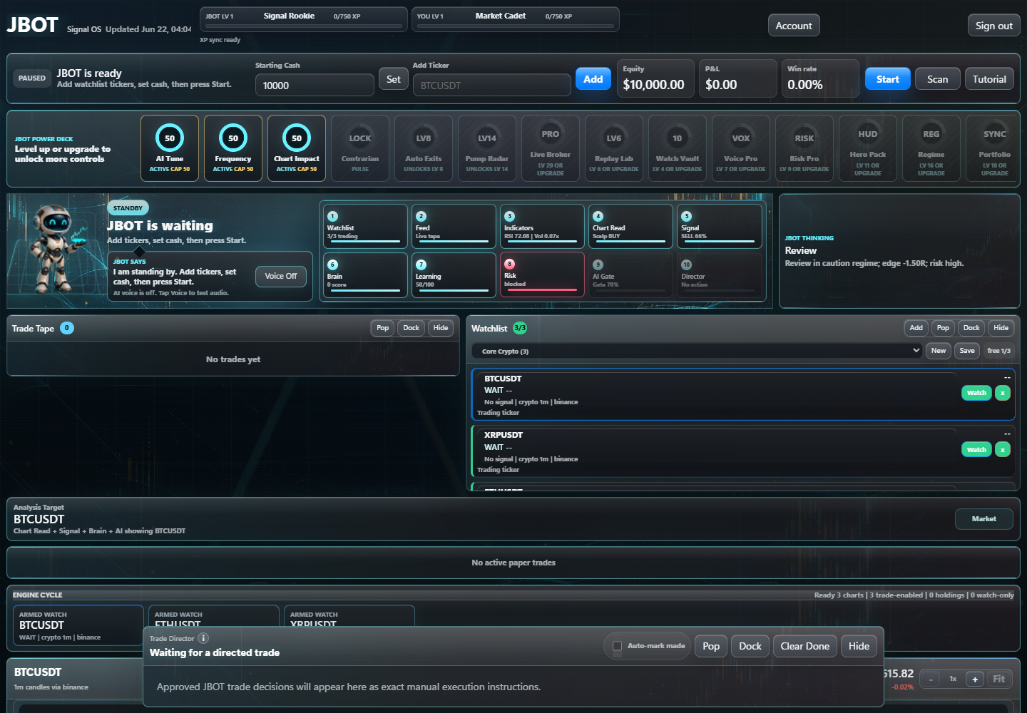 JBOT live trading cockpit showing Power Deck, watchlist, signals, paper account controls, and trade director.